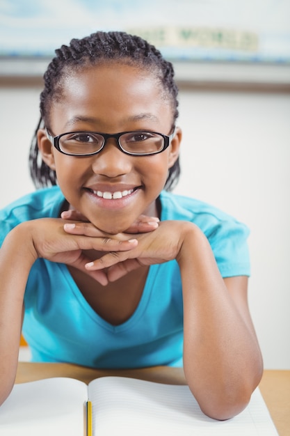 Cute pupil sitting at her desk in a classroom