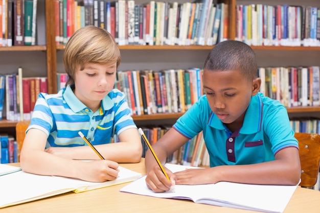 Cute pupils drawing in library 