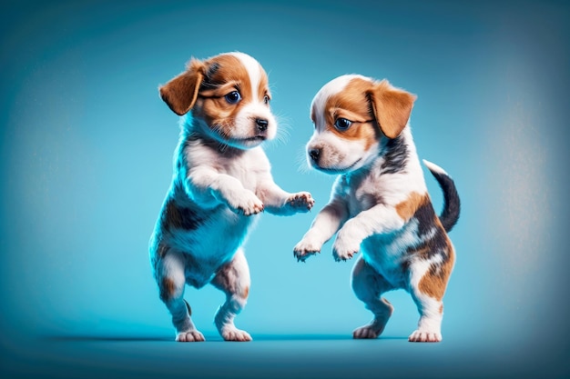 Cute puppies are playing and frolic around with one another on blue background generative ai