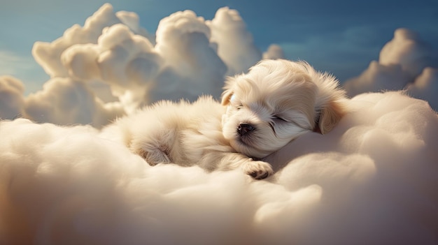 cute puppies are sleep peacefully in the clouds and dreaming