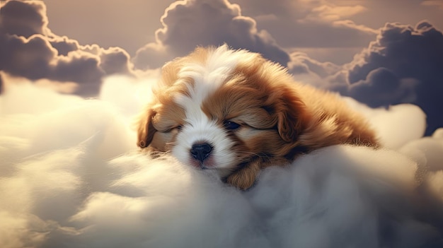 cute puppies are sleep peacefully in the clouds and dreaming