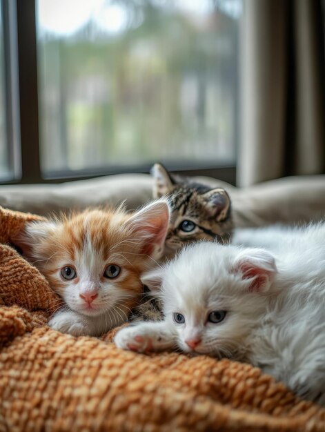 Photo cute puppies and kittens exploring a cozy home