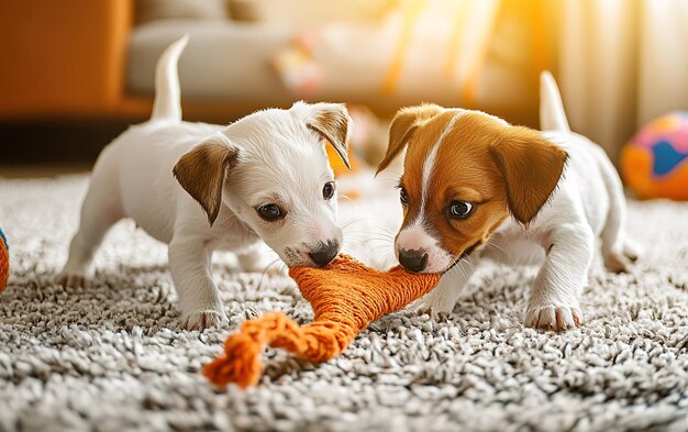 Photo cute puppies playing tugofwar with an orange toy in a cozy living room with soft lighting