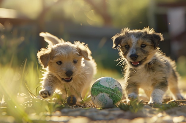 Cute puppies playing with a ball