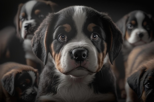 Cute puppy on a dark background National puppy day concept AI generation