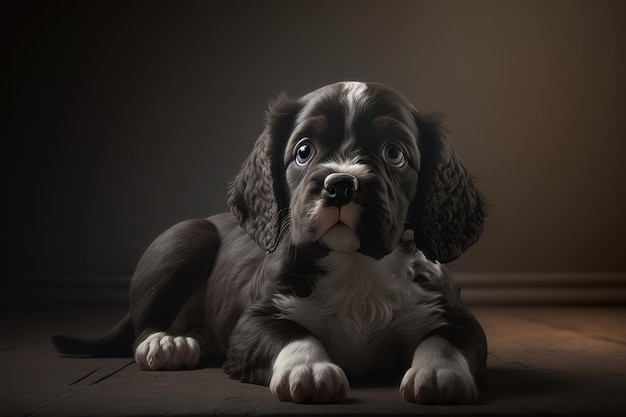 Cute puppy on a dark background National puppy day concept AI generation