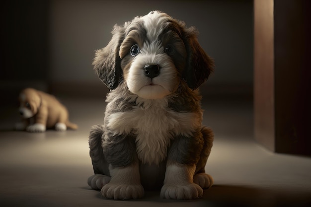 Cute puppy on a dark background National puppy day concept AI generation