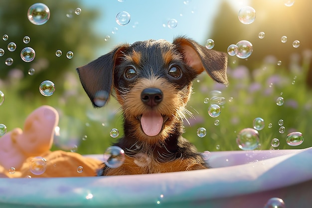 Cute Puppy Dog Bathing in the Bathtub with Soap Bubble on a Bright Day