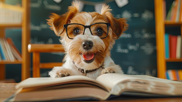 Photo cute puppy dog wearing glasses and smiling while sitting at a desk with an open book in a classroom