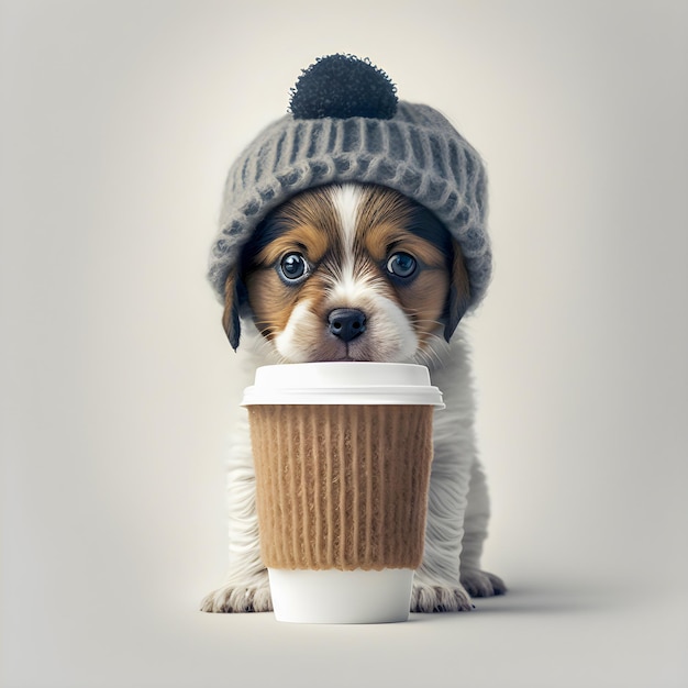 Cute puppy dog wearing a knit wool beanie holding cup of coffee illustartion