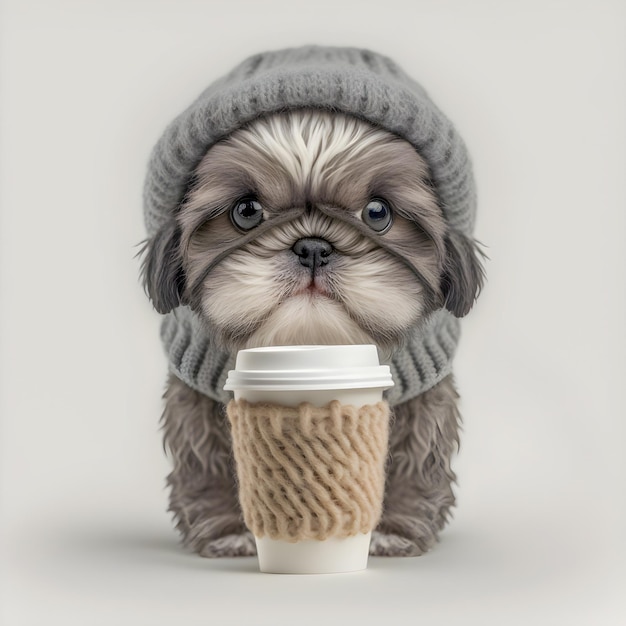 Cute puppy dog wearing a knit wool beanie holding cup of coffee illustartion