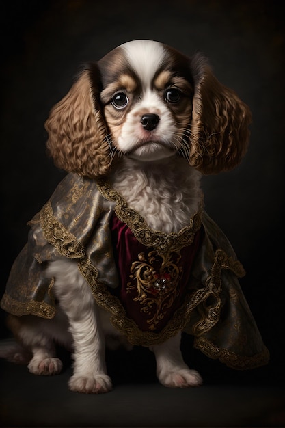 A cute puppy dog wearing a regal dress. Pet portrait in clothing