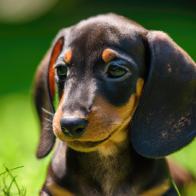 cute puppy dog with green grass bokeh background premium photo