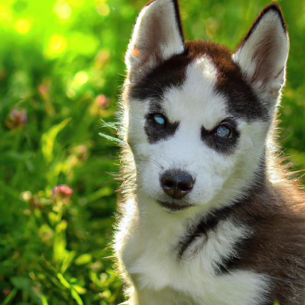 cute puppy dog with green grass bokeh background premium photo