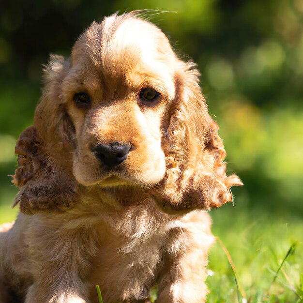 cute puppy dog with green grass bokeh background premium photo