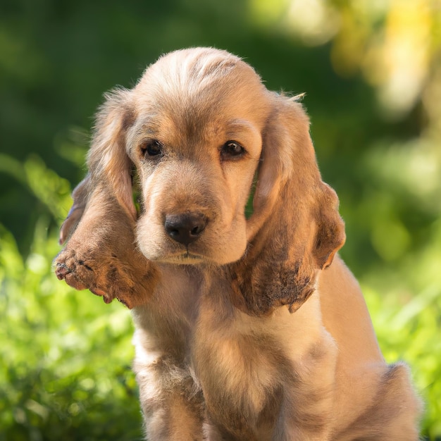 cute puppy dog with green grass bokeh background premium photo