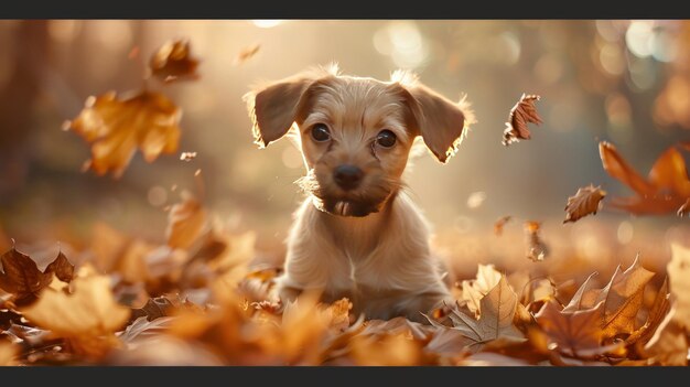 A cute puppy is sitting in a pile of fallen leaves