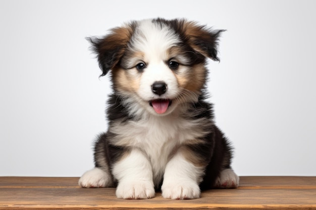 Cute puppy is sitting on wooden table Puppy has black and white coat and pink tongue sticking out