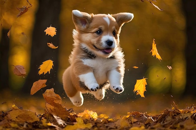 Cute puppy jumping into pile of autumn leaves created with generative ai