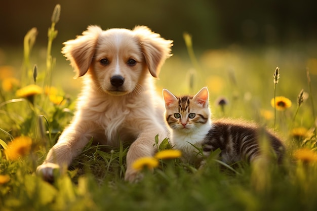 Cute Puppy and Kitten in Field Heartwarming Scene