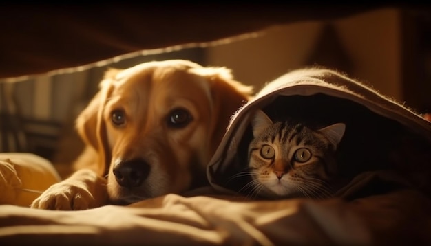 Cute puppy and kitten resting on pillow generated by AI