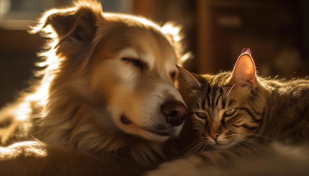 Cute puppy and kitten sitting together outdoors generated by AI