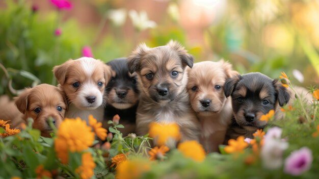 Cute Puppy Litter Amongst Vibrant Garden Flowers