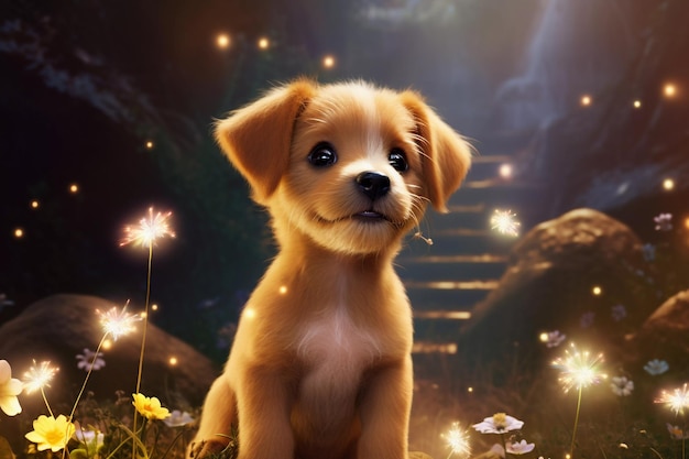 cute puppy in magical environment Adorable puppy in the fantasy landscape Funny moment