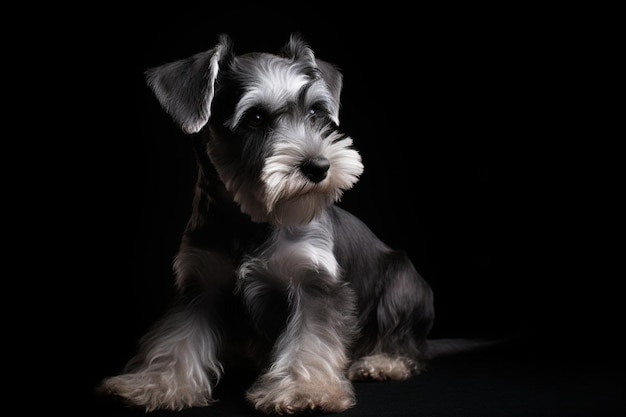 Cute puppy of miniature schnauzer dog posing isolated over black background