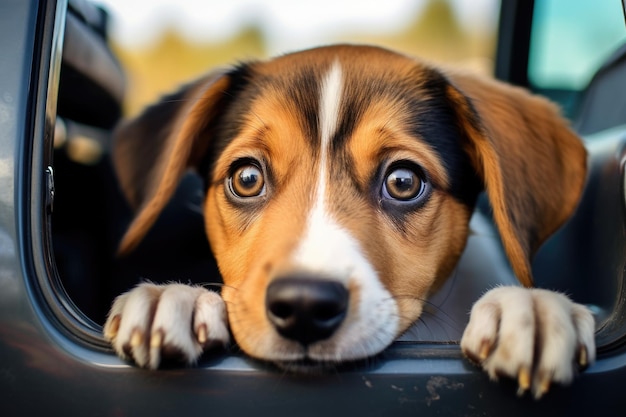 Cute Puppy Peeking From The Car Among Suitcases ai generated