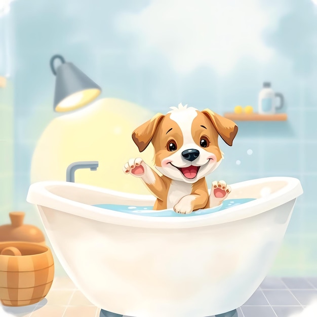 Cute puppy playing in blue bath with splashes