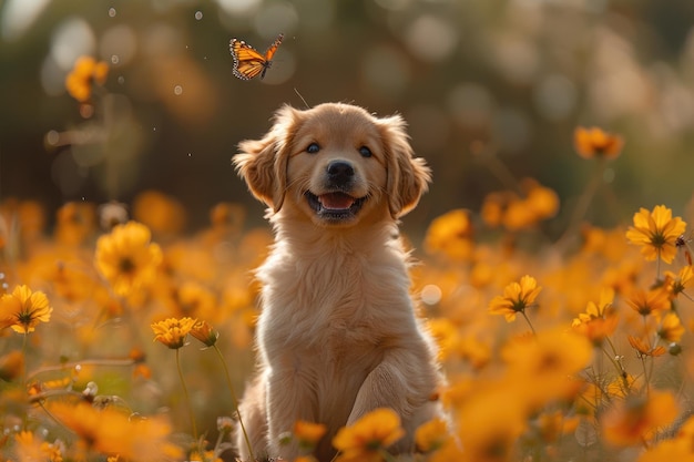 A cute puppy playing in a field of flowers with a wagging tail and happy expression