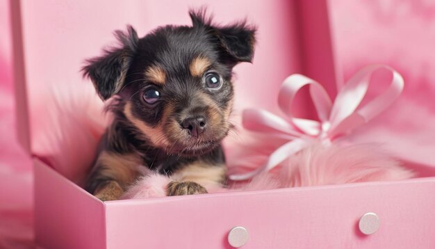 Photo cute puppy playing in a pink gift box with fluffy lining during a bright indoor setting