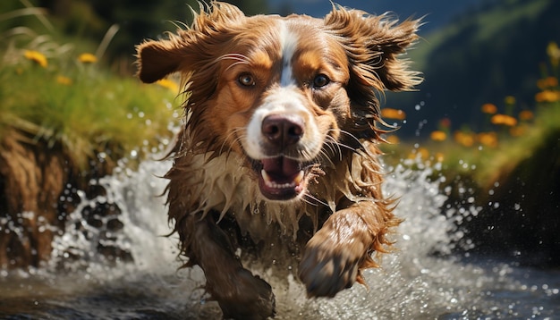 Cute puppy playing in the water looking at camera happily generated by artificial intelligence