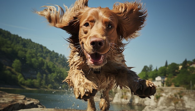 A cute puppy playing in the water pure joy and fun generated by artificial intelligence