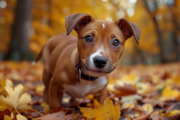 Photo cute puppy playing with autumn leaves background