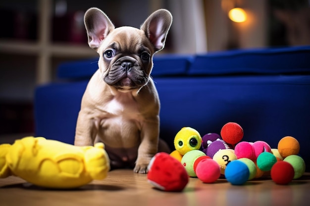 cute puppy playing with his toys in living room puppy with funny look