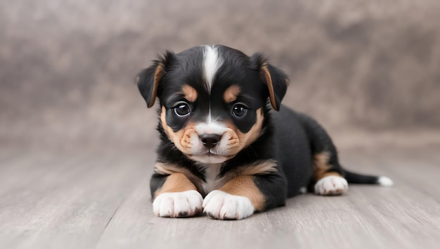 Photo a cute puppy resting on wooden flooring radiating warmth and innocence