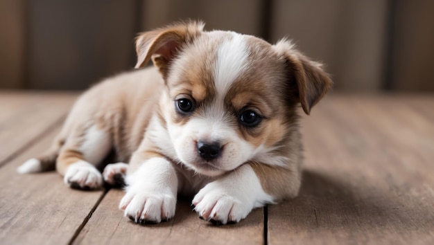 Photo a cute puppy resting on wooden flooring radiating warmth and innocence