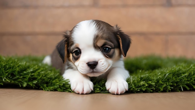 Photo a cute puppy resting on wooden flooring radiating warmth and innocence