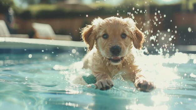 A cute puppy retrieving a floating ball from a backyard pool its wet fur glistening in the sunlight as it eagerly paddles back to shore showcasing the playful nature of young dogs