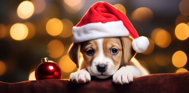 Cute puppy in santa hat on bokeh background