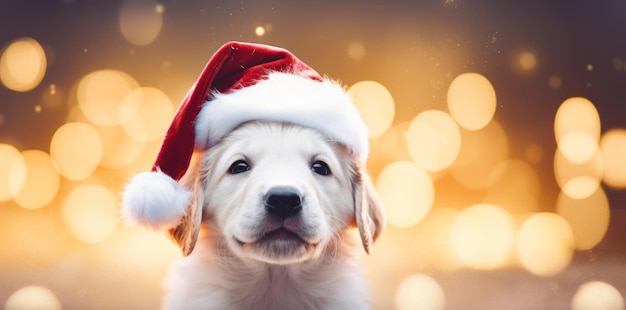 Cute puppy in santa hat on bokeh background