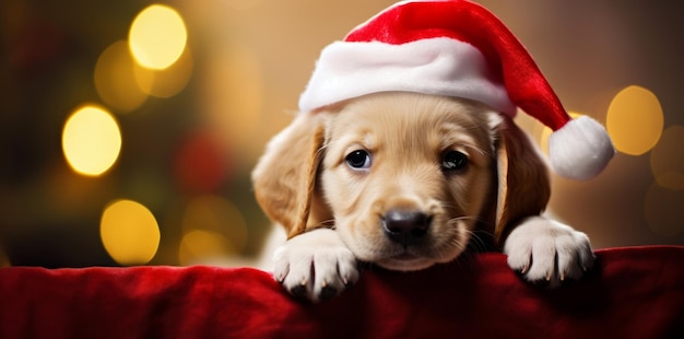 Cute puppy in santa hat on bokeh background