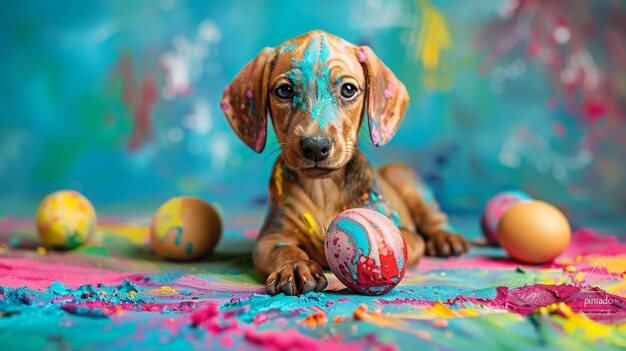 A cute puppy sits on a colorful painted floor with splashes of paint on its paws and nose