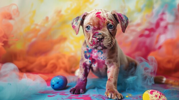 A cute puppy sits on a colorful painted floor with splashes of paint on its paws and nose