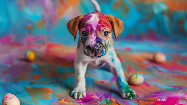 A cute puppy sits on a colorful painted floor with splashes of paint on its paws and nose