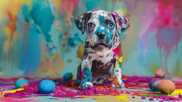 A cute puppy sits on a colorful painted floor with splashes of paint on its paws and nose