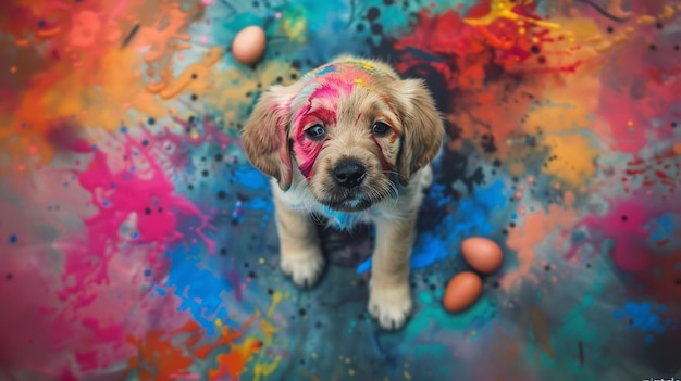 A cute puppy sits on a colorful painted floor with splashes of paint on its paws and nose