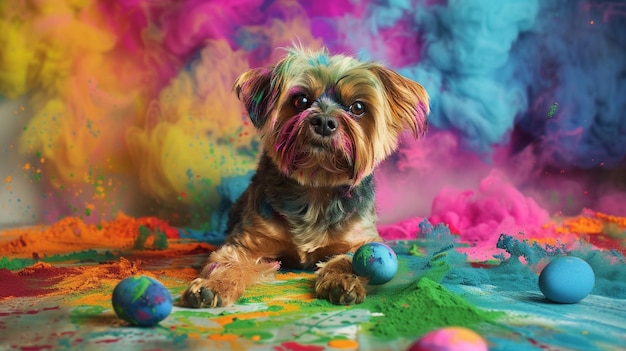 A cute puppy sits on a colorful painted floor with splashes of paint on its paws and nose